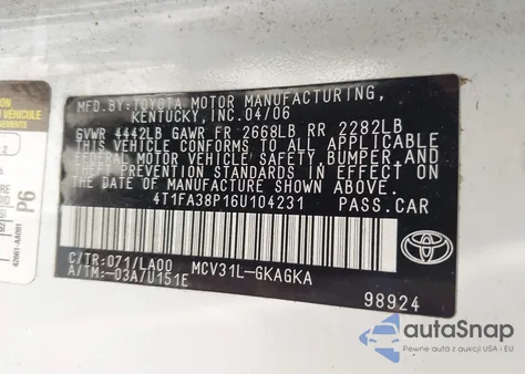 2006 Toyota Camry Solara Sle из США, поврежденный, VIN 4T1FA38P16U104231